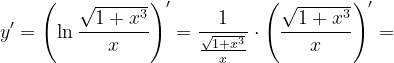 \dpi{120} y'=\left (\ln \frac{\sqrt{1+x^{3}}}{x} \right )'=\frac{1}{\frac{\sqrt{1+x^{3}}}{x}}\cdot \left (\frac{\sqrt{1+x^{3}}}{x} \right )'=